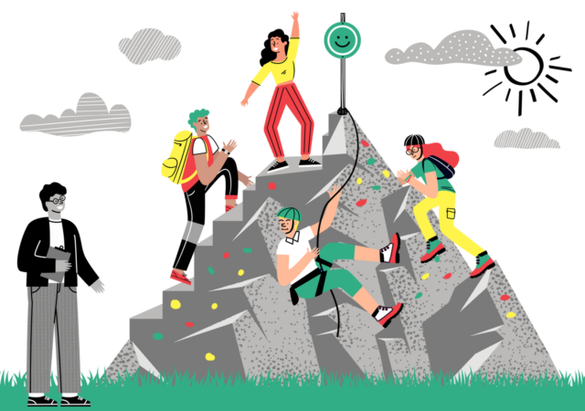 Ilustracija: Mladi, oblečeni v gorsko opremo plezajo na vrh, da osvojijo cilj. Vsak od njih gre po svoji poti, kar nakazuje na individualizacijo poti.