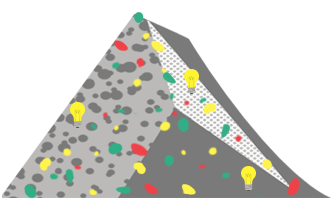 Ilustracija sive piramide, ki je 'popackana' z rdečimi, rumenimi, zelenimi in temno sivimi lisami različnih velikosti. Na piramidi so še tri rumene žarnice.