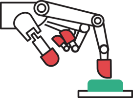 Ilustracija bele robotske roke, z rdečimi konicami prstov. Kazalec pritiska na zelen gumb.