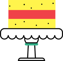 Ilustracija rumeno rdeče torte na belem podstavku.