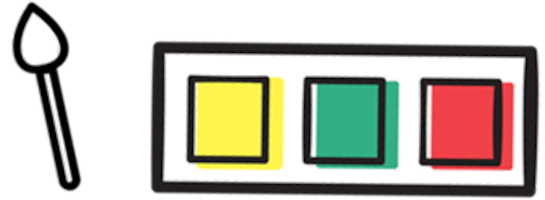 Ilustracija palete z rumeno, zeleno in rdečo barvo, ter čopičem.