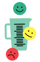 Ilustracija merilne posode s tremi obrazi smeška: zeleni nasmejani obraz zgoraj, rumeni resni obraz v sredini, rdeči žalostni obraz spodaj.