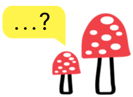 Ilustracija velike in male gobe mušnice. Levo nad mušnicama je rumen pogovorni oblaček.