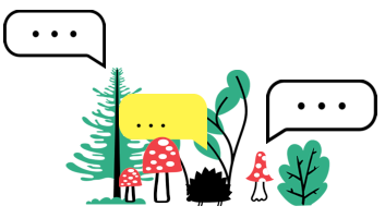 Ilustracija gozdnih rastlin, mušnic in ježa. Nad njimi sta levo in desno po en pogovorni oblaček.