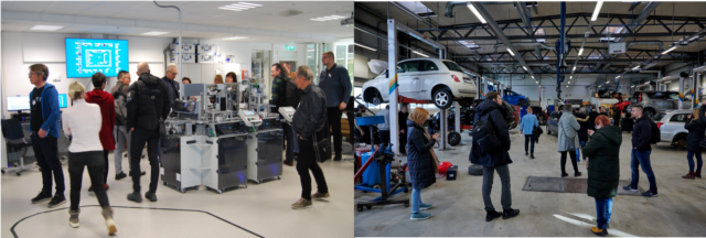 KIPSI - Študijski obisk na Norveškem aprila 2022. Skupina ljudi si ogleduje računalniško in strojno opremo v učilnici laboratoriju. Skupina ljudi si ogleduje šolsko avtomehanično delavnico.