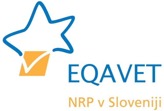 Logotip EQVET Slovenija, levo modra zvezdiva in pod njo rumen kvadrat, desno zgoraj napis EQAVET, spodaj NRP v Sloveniji