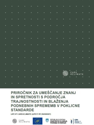 Naslovnica Priročnika za umeščanje znanj in spretnosti s področja trajnostnosti in blaženja podnebnih sprememb v poklicne standarde