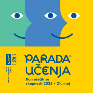 Barvita grafika s tremi stiliziranimi obrazi, obrnjenimi v desno. Vsak obraz ima eno oko in nasmešek, ustvarjen iz preprostih oblik v zeleni, modri in rumeni barvi. Pod sliko obrazov je napis Parada učenja, Dan učečih se skupnosti 2025/21.maj, na levi strani napisa je dodan banner Teden vseživljenjskega učenja. 