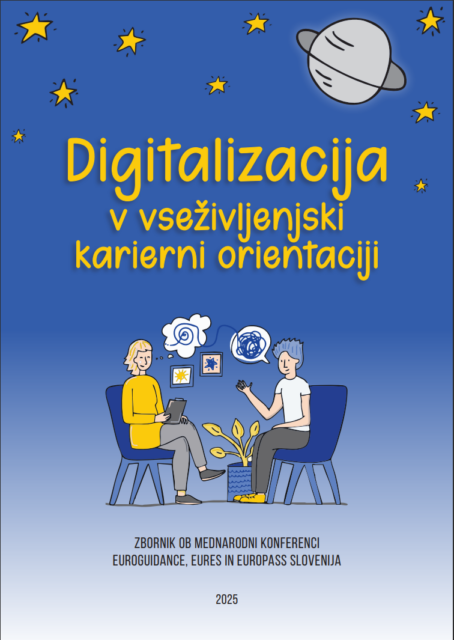 Naslovnica zbornika je oblikovana v modri barvni paleti. Zgornji del ozadja je temno moder in posut z rumenimi zvezdami, v desnem zgornjem kotu pa je narisana ilustracija planeta s sivimi odtenki.
Na sredini je velik, rumeno napisan naslov: »Digitalizacija v vseživljenjski karierni orientaciji«.
