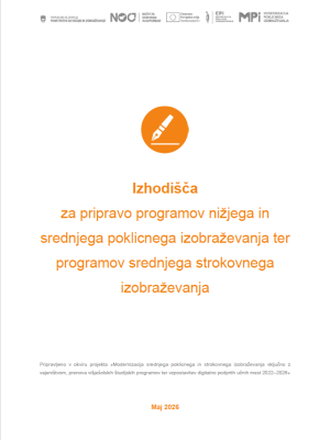 Naslovnica publikacije »Izhodišča za pripravo programov nižjega in srednjega poklicnega izobraževanja ter programov srednjega strokovnega izobraževanja« z oranžnim simbolom pisala na svetlem ozadju. Na vrhu so logotipi financerjev in projekta, na dnu pa datum izdaje (maj 2026).