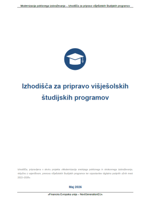 Naslovnica publikacije »Preverjanje in ocenjevanje znanja v kompetenčno zasnovanem poklicnem in strokovnem izobraževanju« z rdečim simbolom dokumenta na svetlem ozadju. Na vrhu so logotipi financerjev in projekta, na dnu pa datum izdaje (julij 2026).
