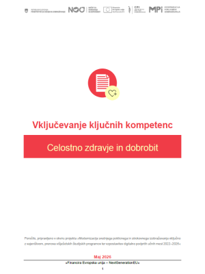 Naslovnica publikacije »Vključevanje ključnih kompetenc – Celostno zdravje in dobrobit« z rdečim simbolom dokumenta in simbolom srca na rumenem ozadju. Na vrhu so logotipi financerjev in projekta, na dnu pa datum izdaje (maj 2026).