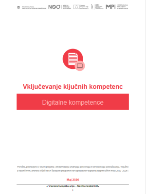 Naslovnica publikacije »Vključevanje ključnih kompetenc – Digitalne kompetence« z rdečim simbolom dokumenta in rožnatim simbolom računalniškega zaslona na svetlem ozadju. Na vrhu so logotipi financerjev in projekta, na dnu pa datum izdaje (maj 2026).