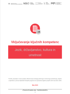 Naslovnica publikacije »Vključevanje ključnih kompetenc – Jezik, državljanstvo, kultura in umetnost« z rdečim simbolom dokumenta in sivim simbolom odprte knjige na svetlem ozadju. Na vrhu so logotipi financerjev in projekta, na dnu pa datum izdaje (maj 2026).