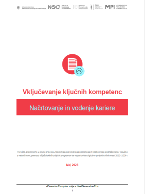 Naslovnica publikacije »Vključevanje ključnih kompetenc – Načrtovanje in vodenje kariere« z rdečim simbolom dokumenta in modrim simbolom krožne puščice na svetlem ozadju. Na vrhu so logotipi financerjev in projekta, na dnu pa datum izdaje (maj 2026).