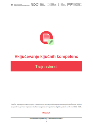 Naslovnica publikacije »Vključevanje ključnih kompetenc – Trajnostnost« z rdečim simbolom dokumenta ter simbolom čebele in cveta na zelenem ozadju. Na vrhu so logotipi financerjev in projekta, na dnu pa datum izdaje (maj 2026).