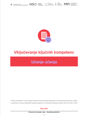 Naslovnica publikacije »Vključevanje ključnih kompetenc – Učenje učenja« z rdečim simbolom dokumenta ter simbolom možganov na vijoličnem ozadju. Na vrhu so logotipi financerjev in projekta, na dnu pa datum izdaje (maj 2026).