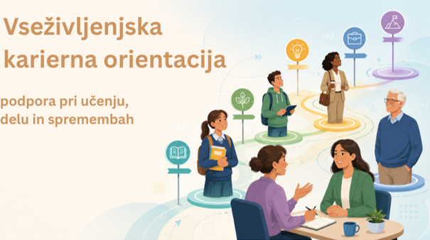 Ilustracija z naslovom »Vseživljenjska karierna orientacija – podpora pri učenju, delu in spremembah«, ki prikazuje ljudi različnih starosti na različnih kariernih poteh ter pogovor svetovalke z uporabnico.