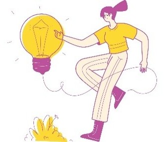 Ilustracija osebe ob veliki prižgani žarnici, ki ponazarja novo idejo, razmislek in iskanje rešitev.